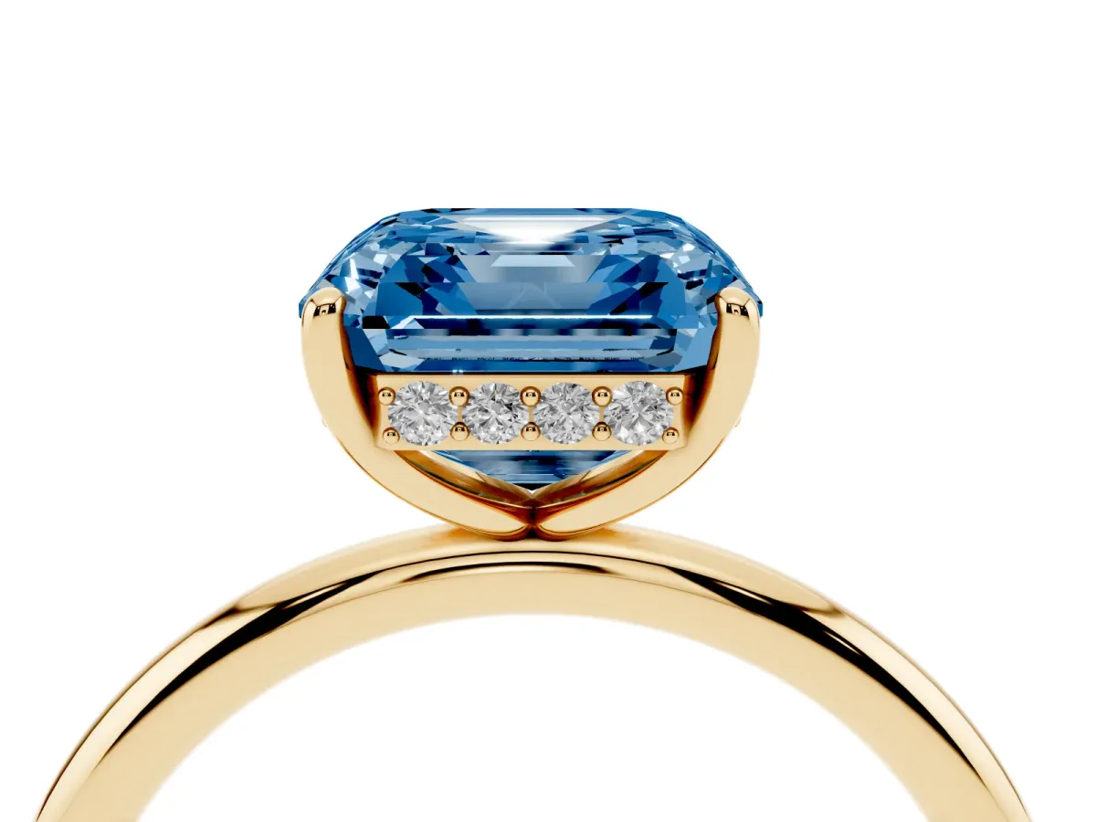 Fancy Blue Asscher Cut Solitaire Diamond Ring with a Classic Band and Four-Prong Setting Yellow gold