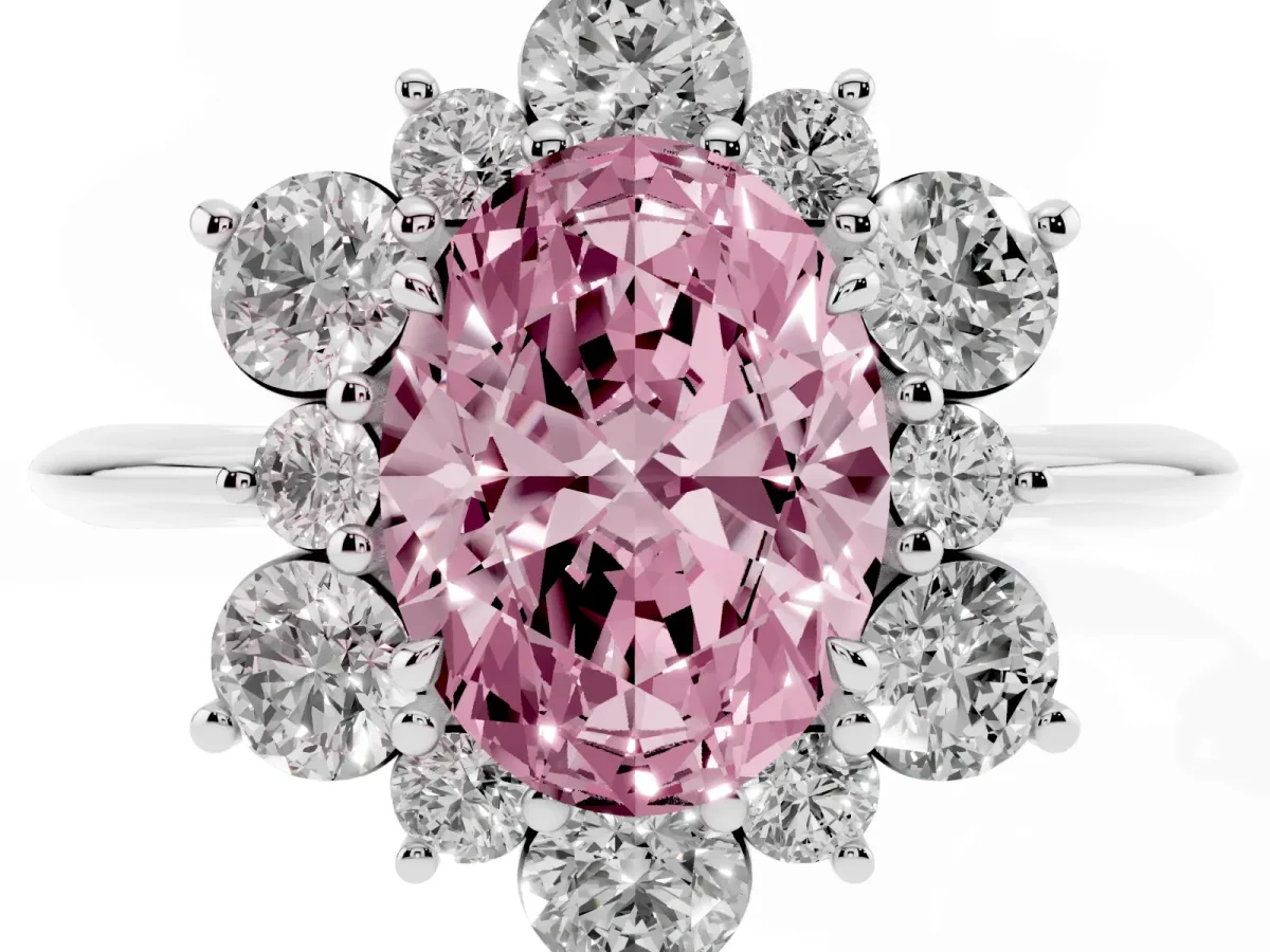 Fancy Pink Oval Cut Diamond Cluster Halo Ring with Solitaire Band and Four-Prong Setting Silver