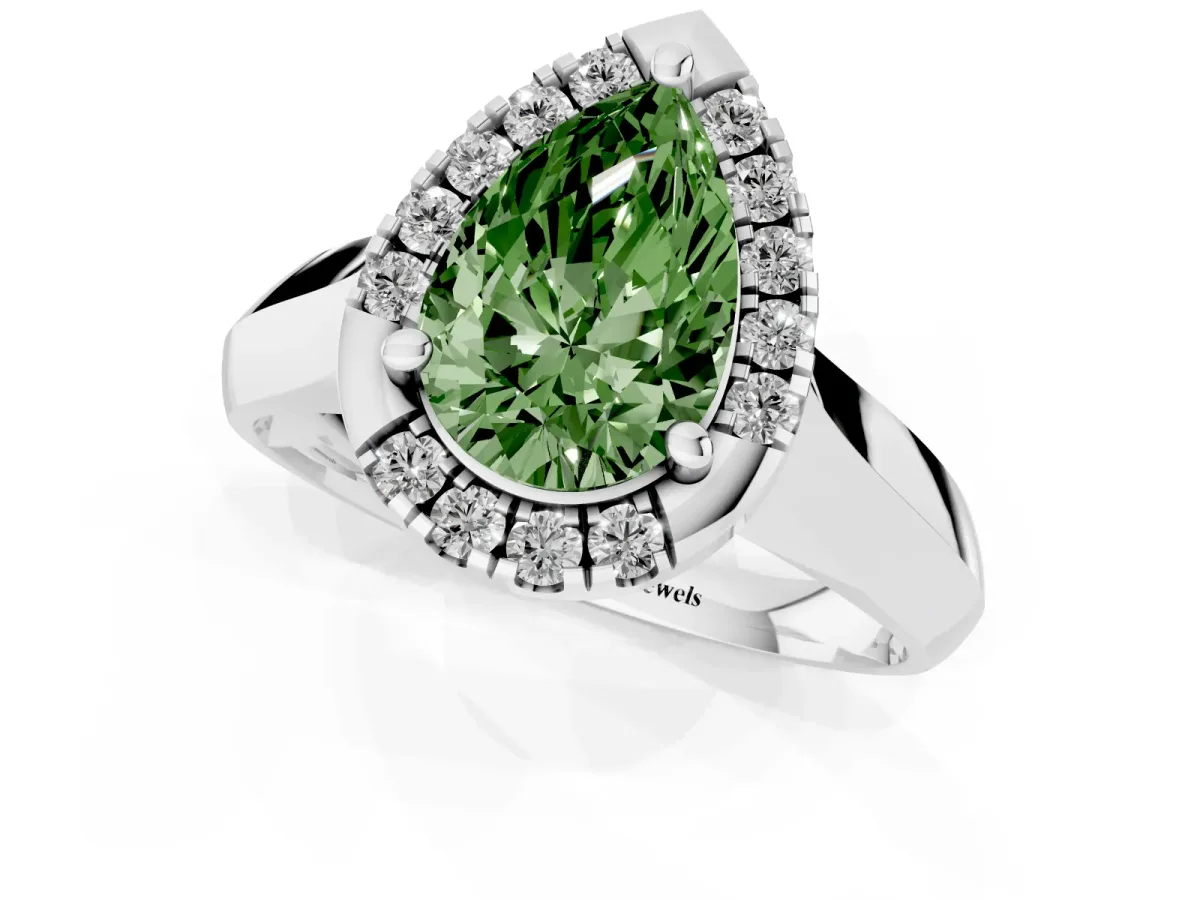 Fancy Green Pear Cut Cut Halo Solitaire Engagement Ring with Square Band and Four-Prong Setting White gold