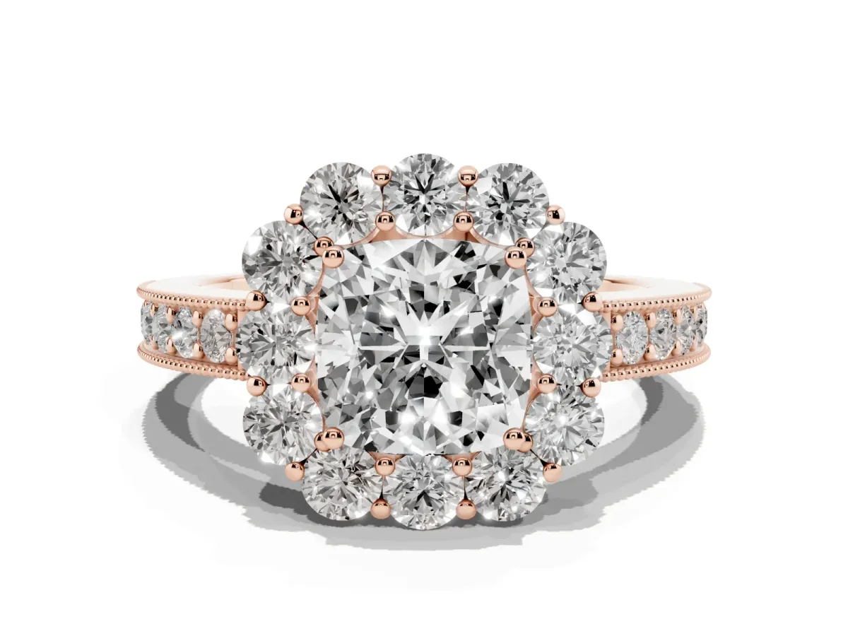 Cushion Cut Cut Halo Diamond Pavé Engagement Ring with Milgrain Detailing Rose gold