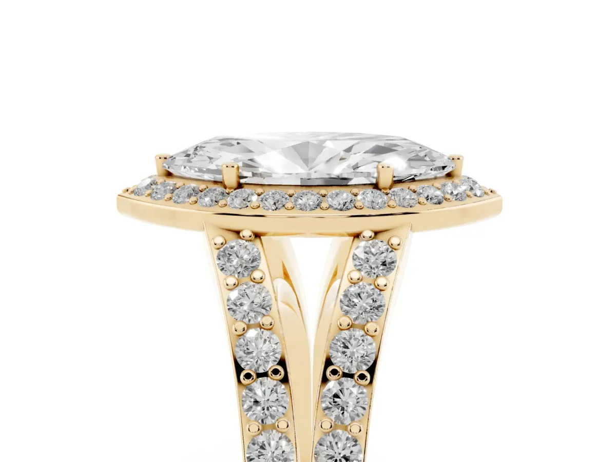 Marquise Cut Diamond Split Shank Halo Ring with Four-Prong Setting Yellow gold