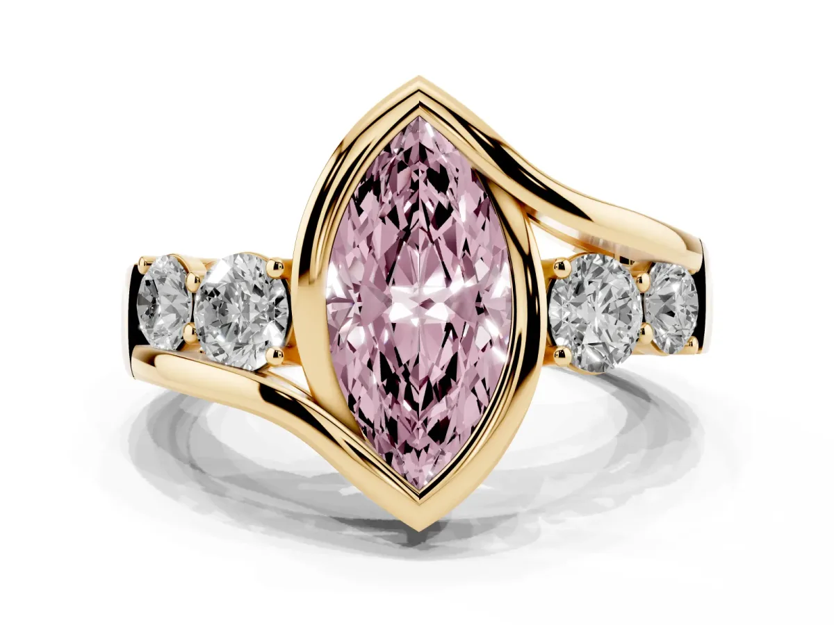 Fancy Pink Bezel Set Marquise Cut Diamond Bypass Ring with Round Accents Yellow gold