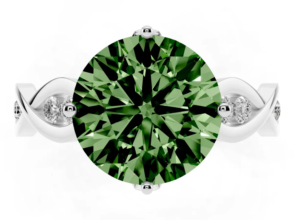 Fancy Green Round Cut Solitaire Twist Band with Leaf Prong Setting Platinum