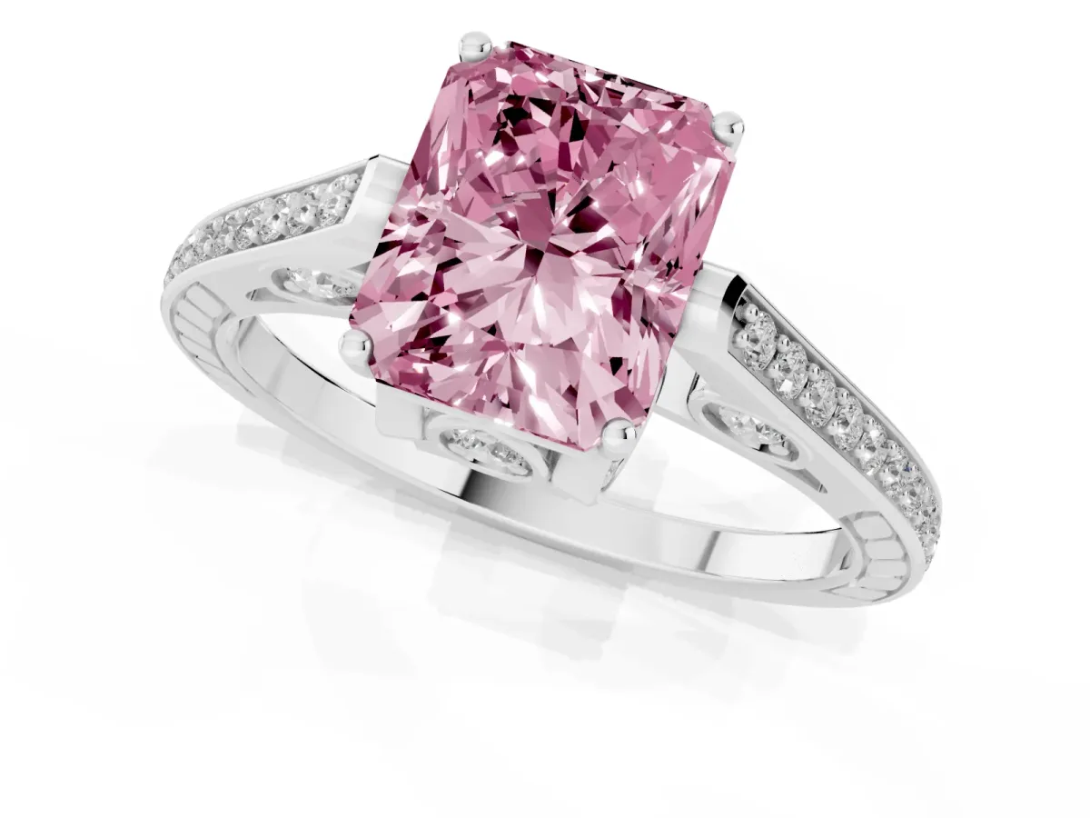 Fancy Pink Radiant Cut Cut Cathedral Pave Diamond Engagement Ring with Six-Prong Setting Platinum