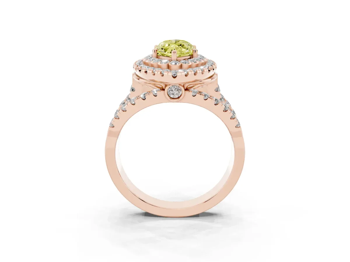 Fancy Yellow Marquise Cut Diamond Double Halo Ring with Round Pavé Split Shank and Prong Setting Rose gold