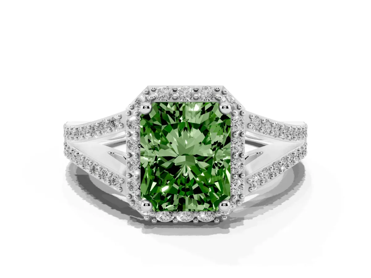 Fancy Green Radiant Cut Halo Split Shank Diamond Ring with Prong Setting Silver