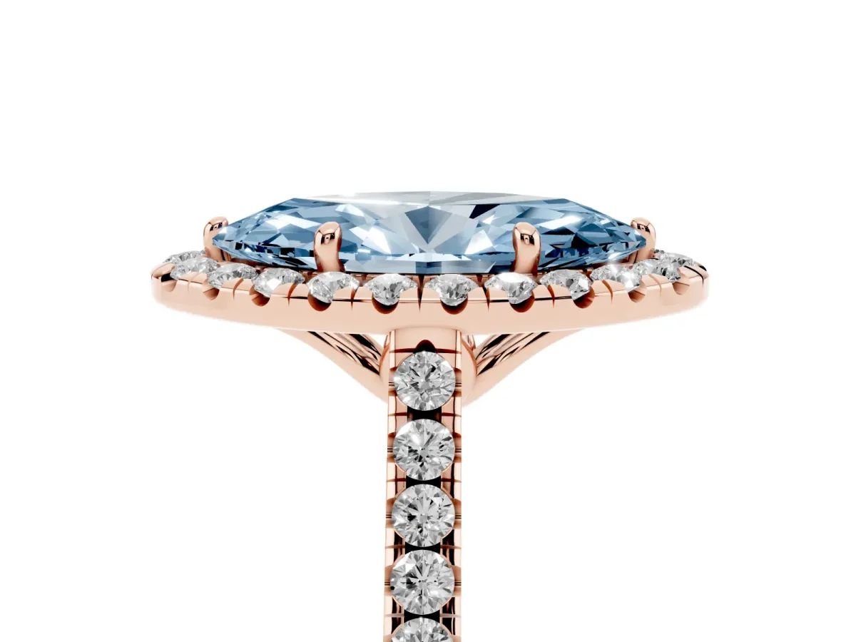 Fancy Blue Marquise Cut Halo Pavé Diamond Engagement Ring with Four-Prong Setting Rose gold