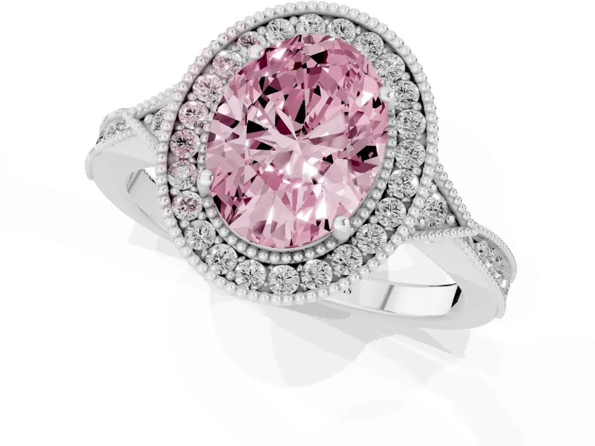 Fancy Pink Oval Cut Halo Round Diamond Milgrain Pave Engagement Ring Silver