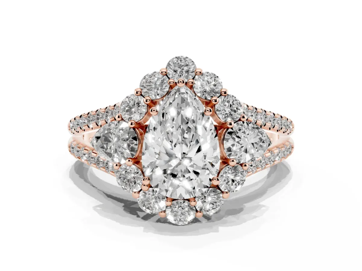 Pear Cut Halo Split Shank Diamond Engagement Ring with Prong Setting Rose gold