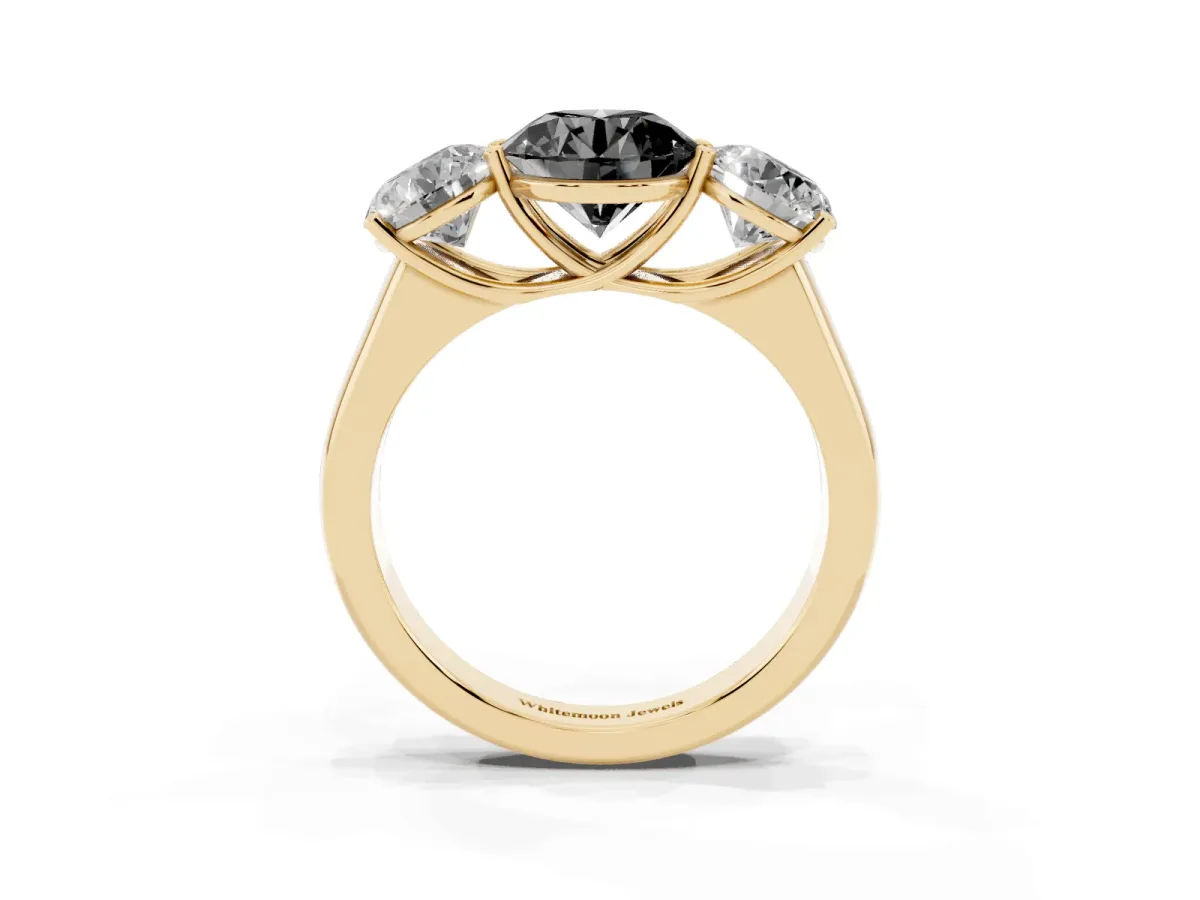 Fancy Black Round Cut Three-Stone Diamond Ring with Prong Setting on a Classic Band Yellow gold