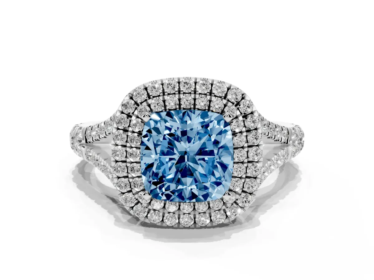 Fancy Blue Cushion Cut Diamond Pavé Split Shank Double Halo Engagement Ring Silver