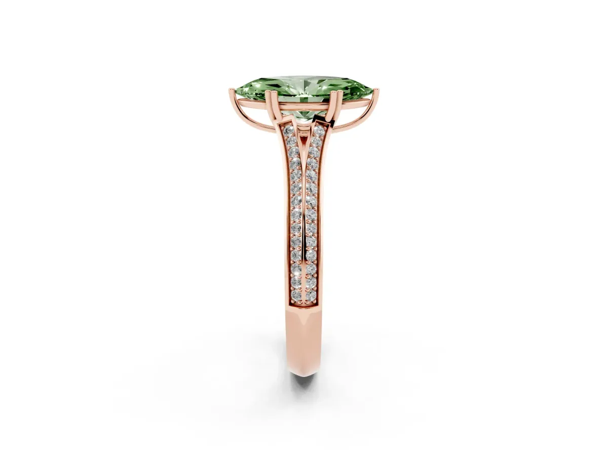 Fancy Green Marquise Cut Diamond Split Shank Engagement Ring with Pavé Band Rose gold
