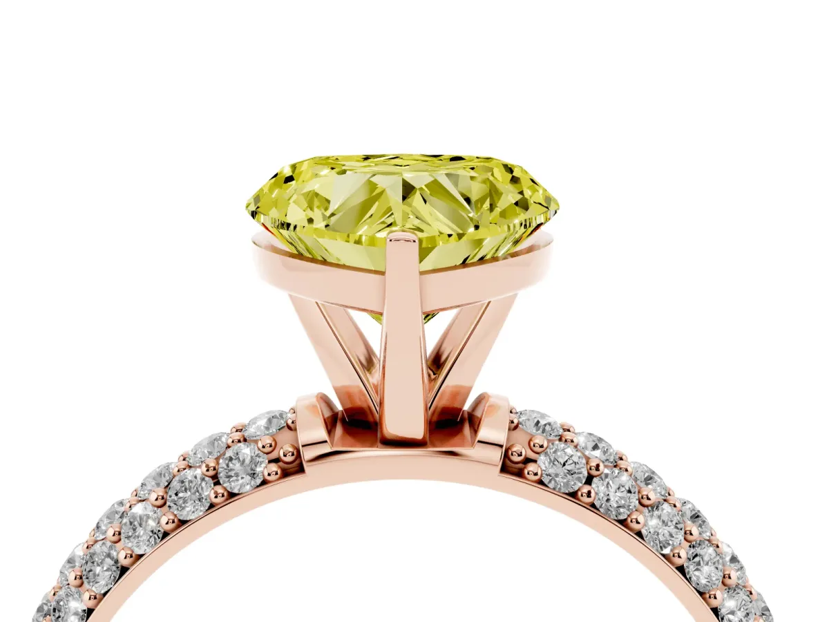 Fancy Yellow Heart Cut Diamond Solitaire Ring with Prong Setting and Pavé Band Rose gold