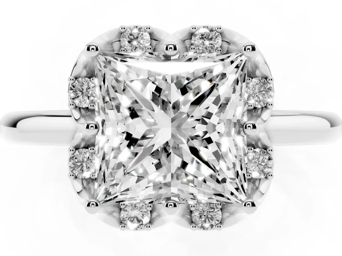 Princess Cut Halo Diamond Ring with Round Cluster Setting, Solitaire Band, and Four-Prong Setting White gold