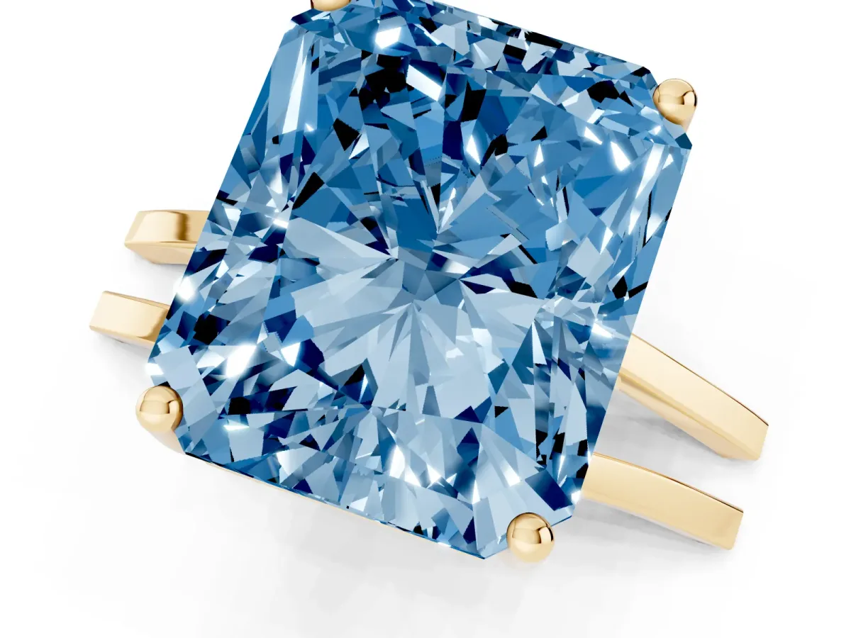 Fancy Blue Radiant Cut Cut Diamond Solitaire Engagement Ring with Tapered Plain Band and Four-Prong Setting Yellow gold