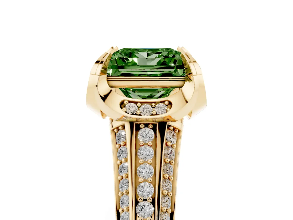 Fancy Green Princess Cut Solitaire Pave Split Shank Ring with Four-Prong Setting Yellow gold