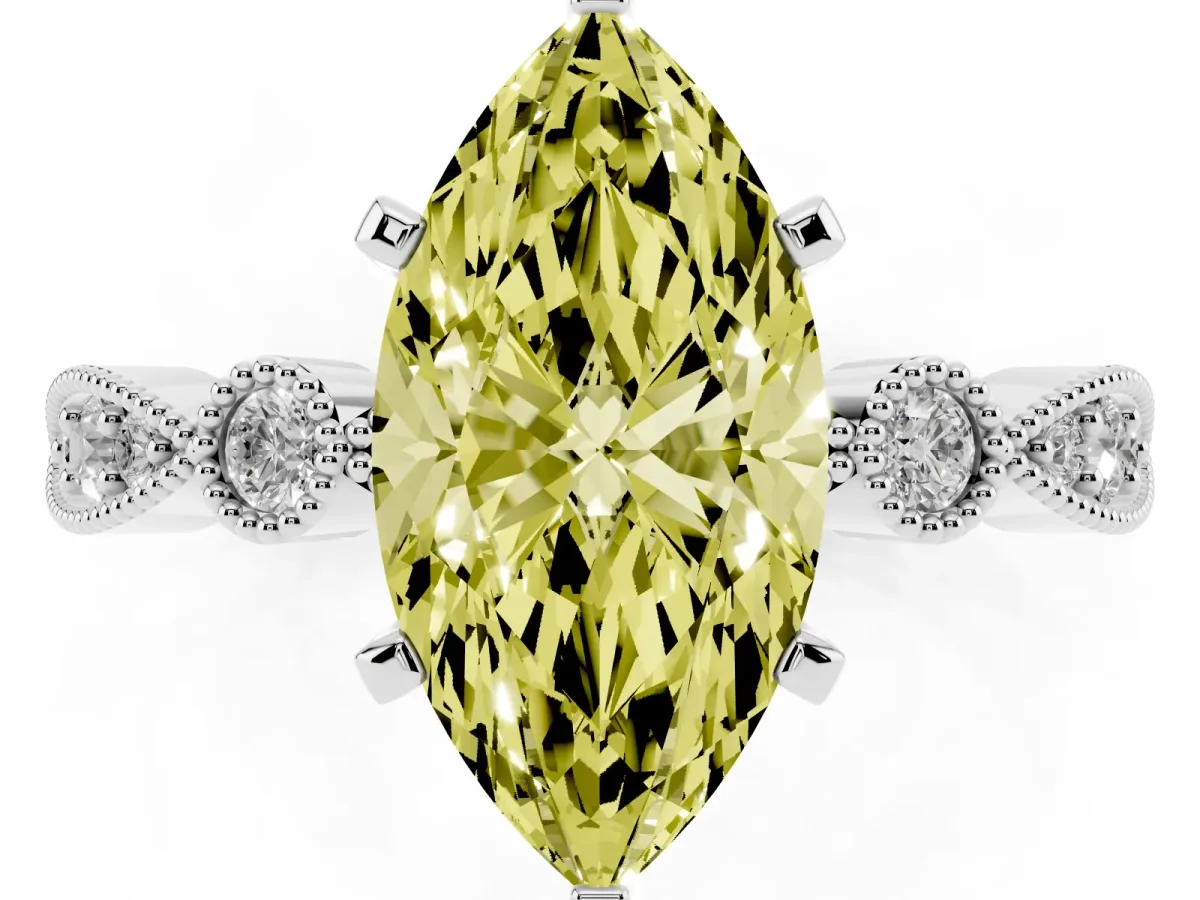 Fancy Yellow Marquise Cut Milgrain Bezel Diamond Engagement Ring with Solitaire Prong Setting Silver