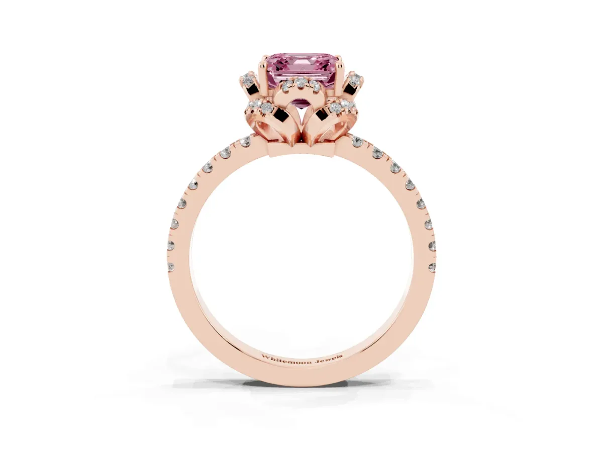 Fancy Pink Asscher Cut Diamond Halo Pave Band with Four-Prong Setting Rose gold