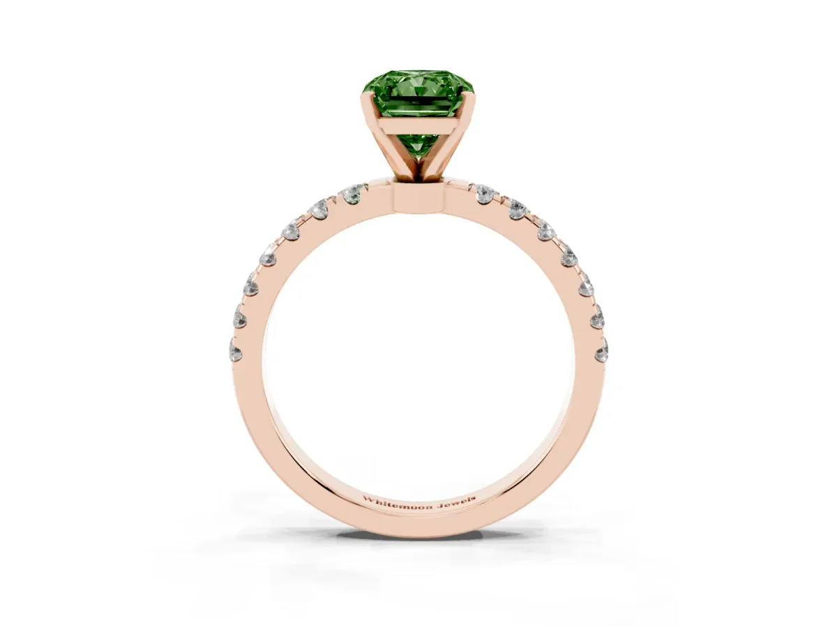 Fancy Green Radiant Cut Diamond Solitaire Ring with Pavé Accents and Four-Prong Setting Rose gold
