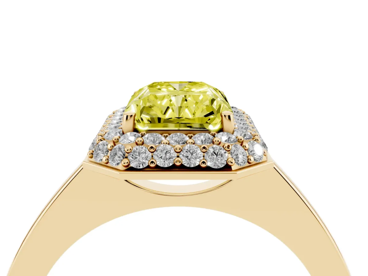 Fancy Yellow Radiant Cut Halo Diamond Engagement Ring with Solitaire Band and Four-Prong Setting Yellow gold