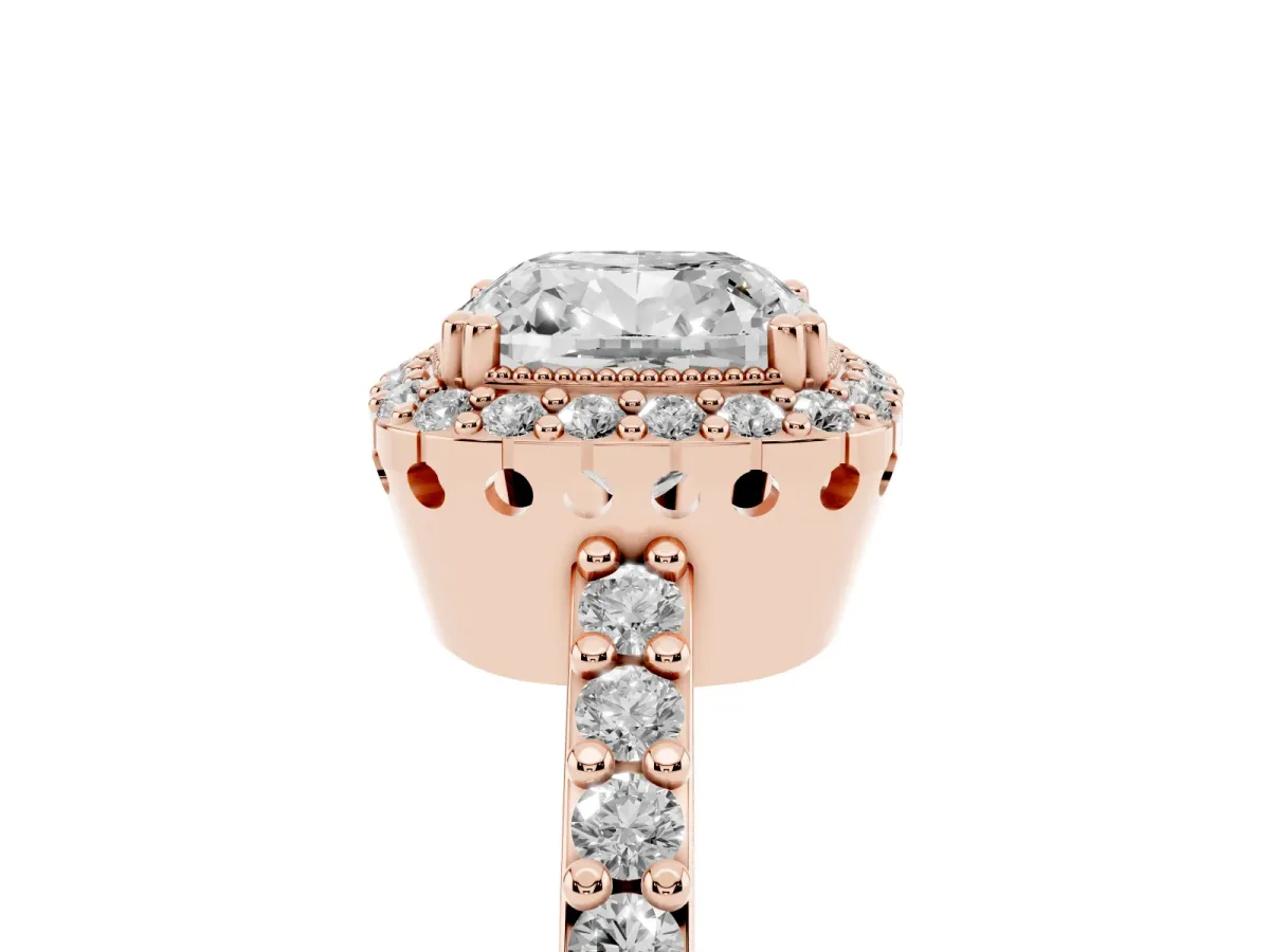 Cushion Cut Cut Diamond Halo Engagement Ring with Milgrain Detail and Pavé Band Rose gold