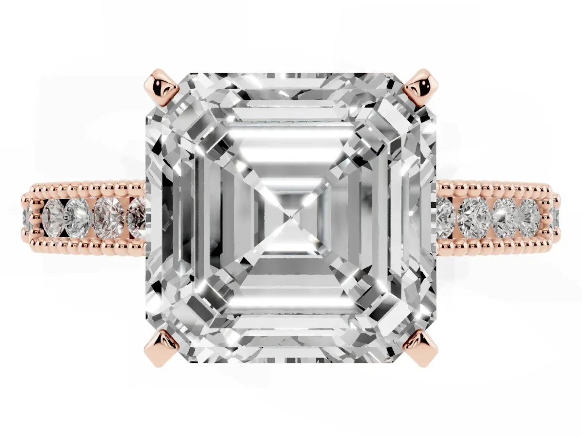 Asscher Cut Solitaire with Pavé Band and Four-Prong Setting Rose gold