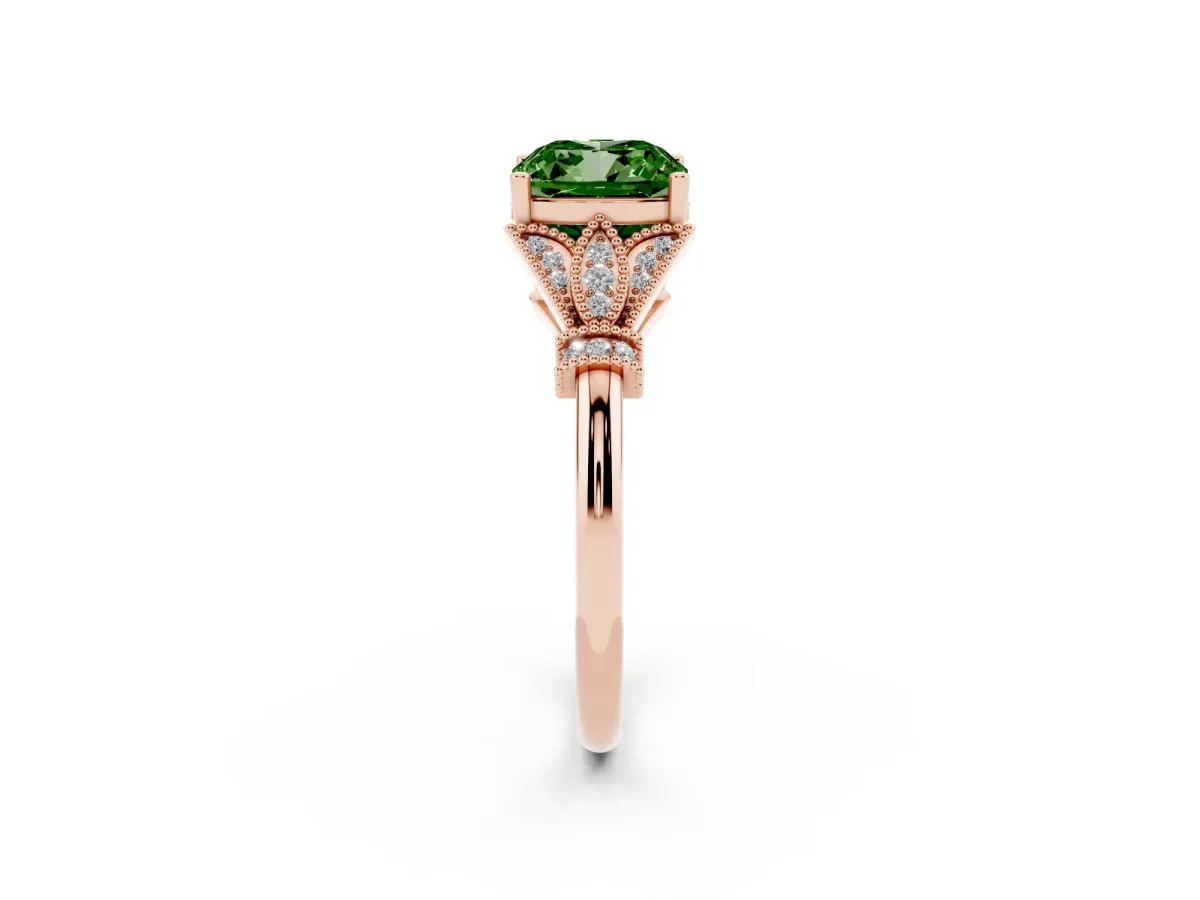 Fancy Green Cushion Cut Diamond Solitaire Ring with Floral Filigree and Pave Accents Rose gold