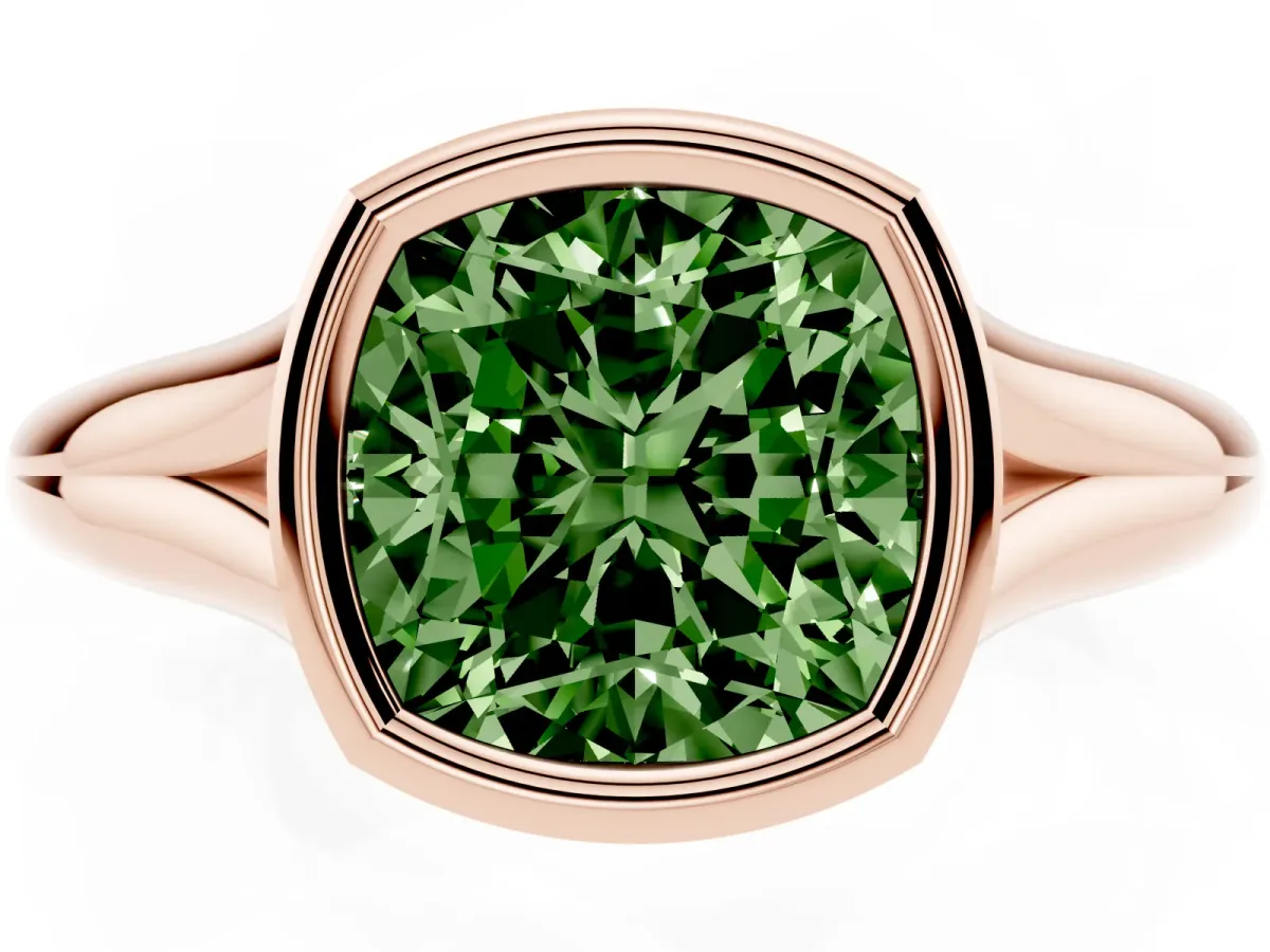Fancy Green Bezel Set Cushion Cut Solitaire Diamond Ring with Smooth Band Rose gold