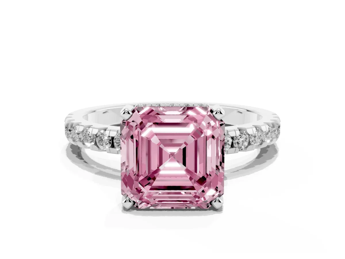 Fancy Pink Asscher Cut Diamond Solitaire Ring with Round Pavé Band and Four-Prong Setting Silver