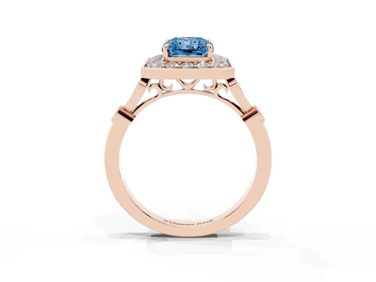 Fancy Blue Radiant Cut Halo Diamond Engagement Ring with Twisted Band and Four-Prong Setting Rose gold
