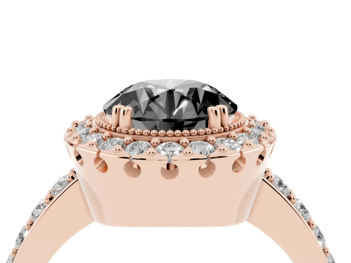 Fancy Black Round Cut Diamond Halo Ring with Pavé Band and Prong Setting Rose gold