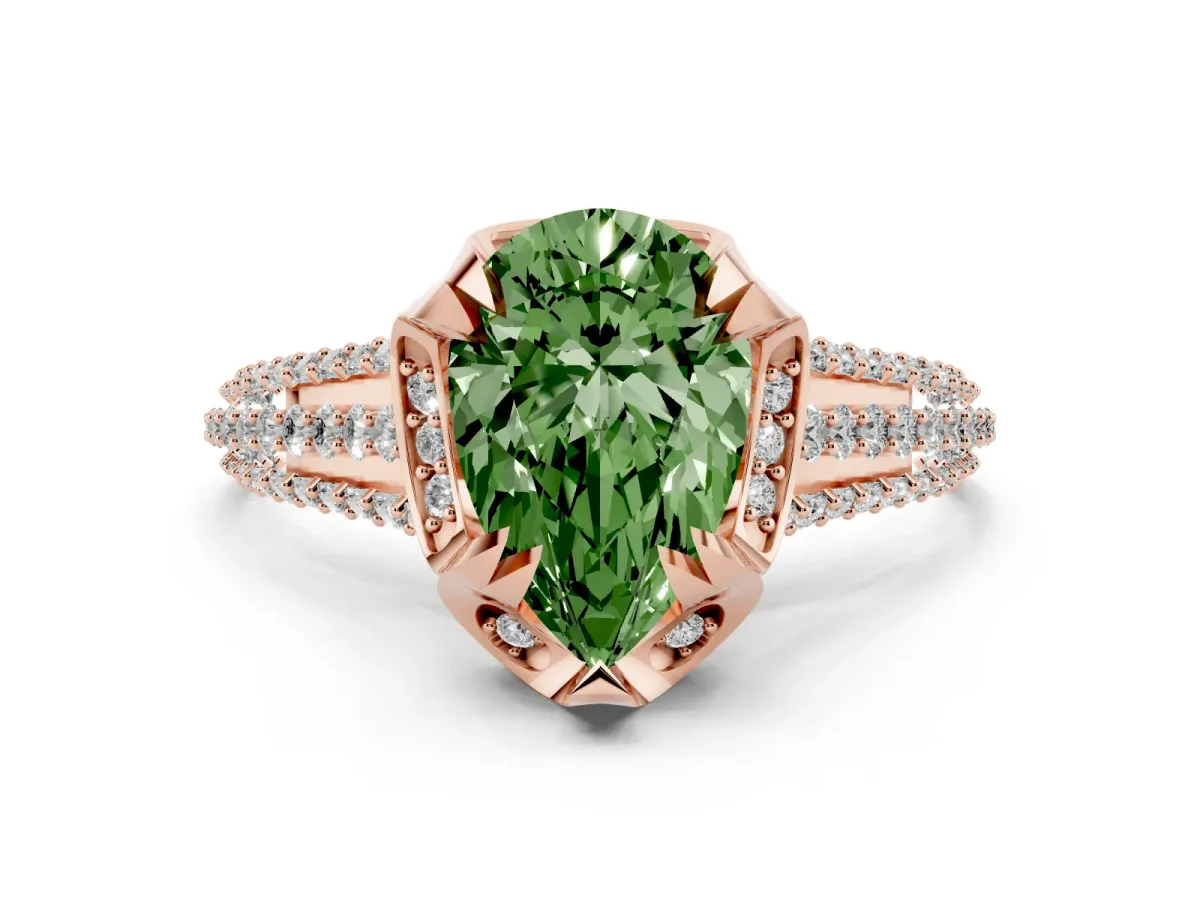 Fancy Green Pear Cut Solitaire Pave Split Shank Ring with Four-Prong Setting Rose gold