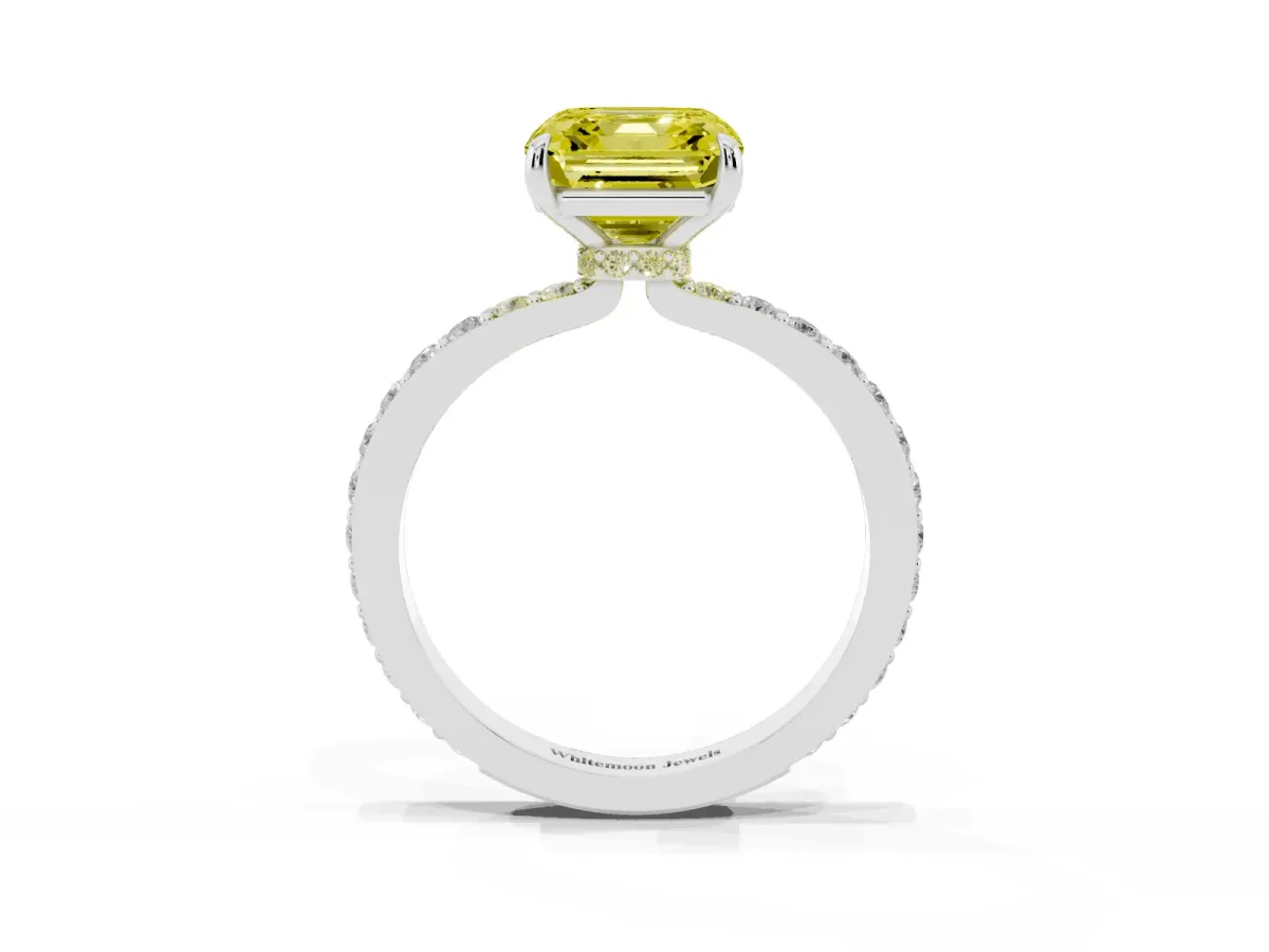 Fancy Yellow Asscher Cut Diamond Pavé Engagement Ring with Round Accents and Prong Setting Silver