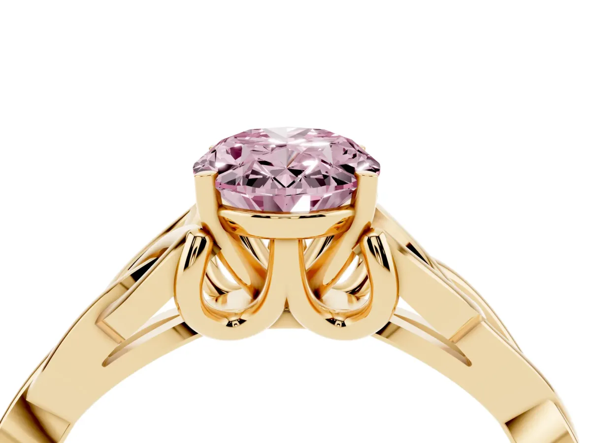 Fancy Pink Oval Cut Diamond Solitaire Engagement Ring with Celtic Knot Band and Four-Prong Setting Yellow gold