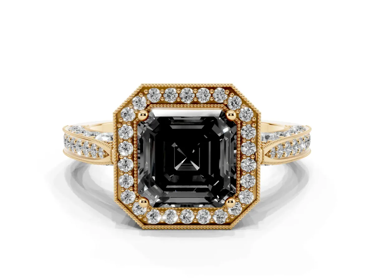 Fancy Black Asscher Cut Halo Diamond Engagement Ring with Split Shank Band and Four-Prong Setting Yellow gold