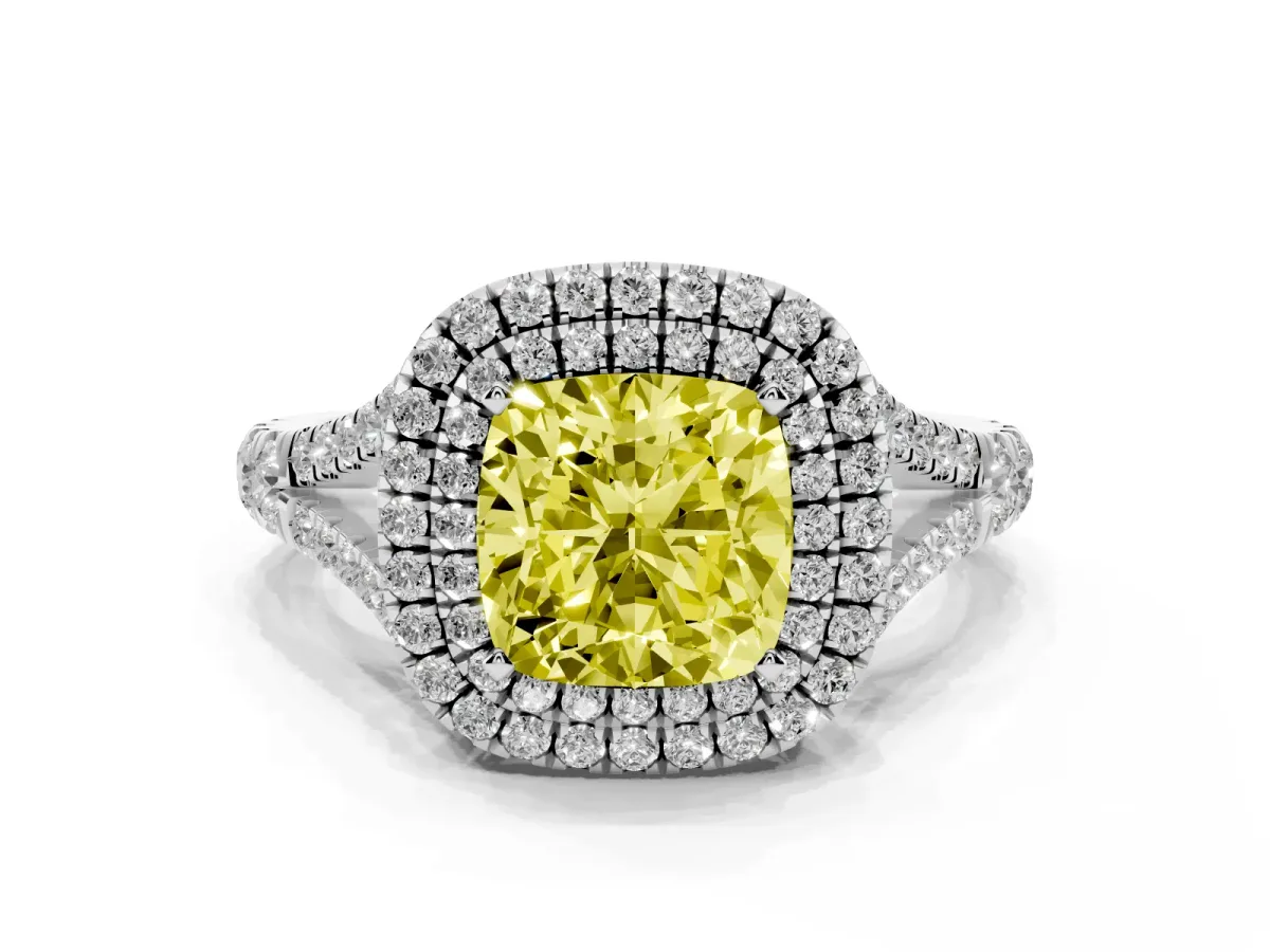 Fancy Yellow Cushion Cut Diamond Pavé Split Shank Double Halo Engagement Ring Silver