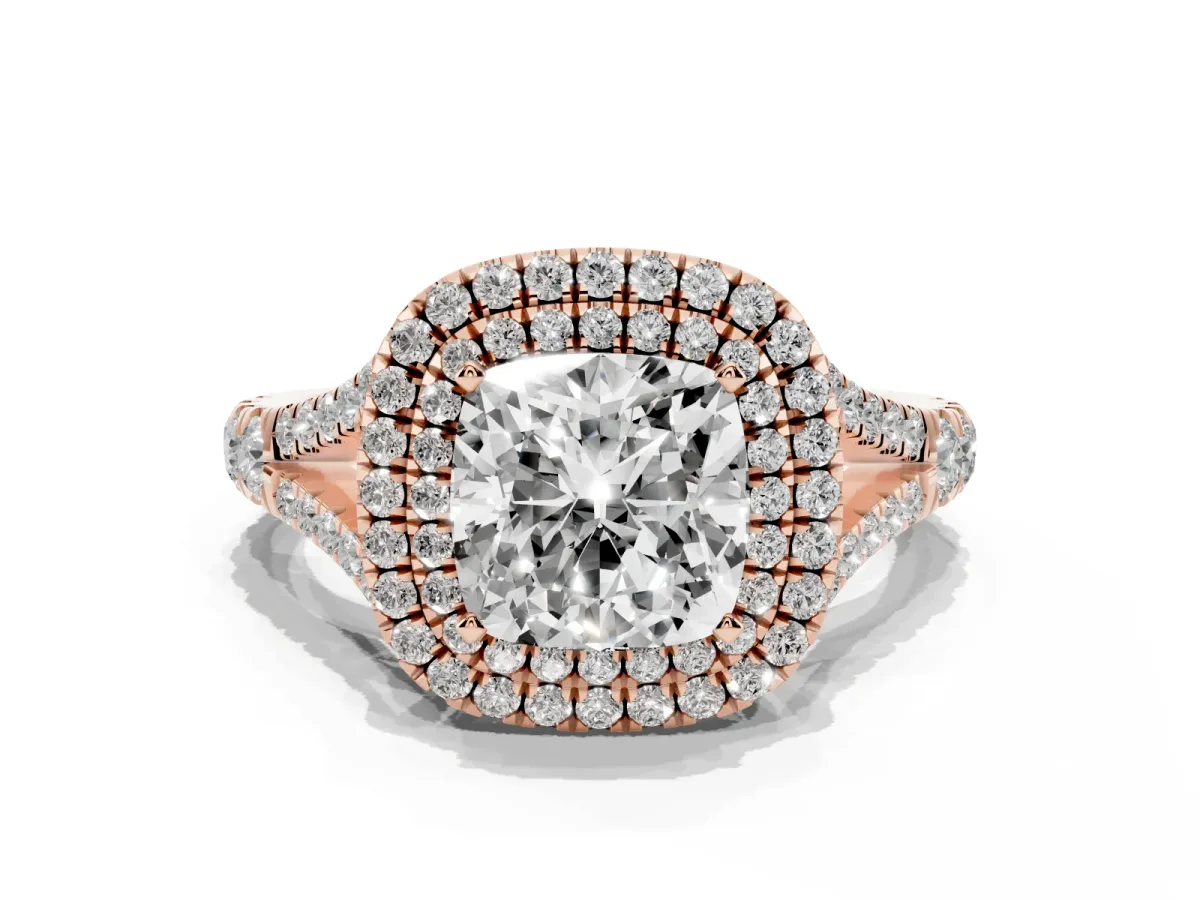 Cushion Cut Diamond Pavé Split Shank Double Halo Engagement Ring Rose gold