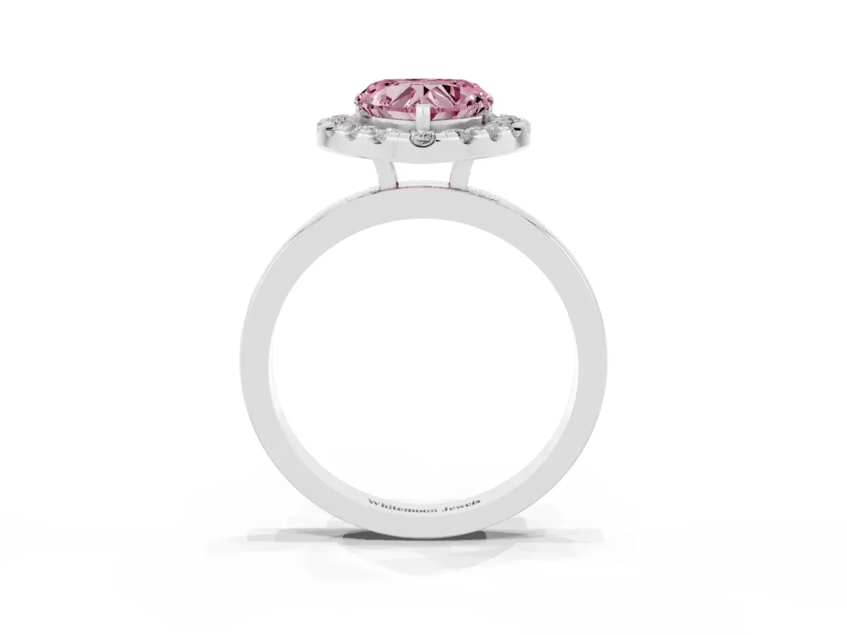 Fancy Pink Heart Cut Halo Diamond Solitaire with Pavé Band and Four-Prong Setting Platinum