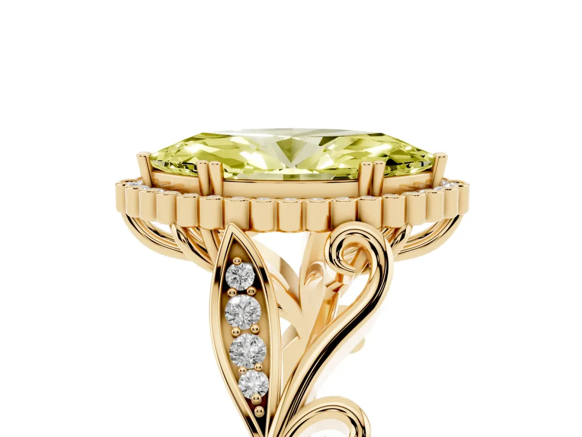 Fancy Yellow Marquise Cut Diamond Halo Ring with Vintage Split Shank and Four-Prong Setting Yellow gold
