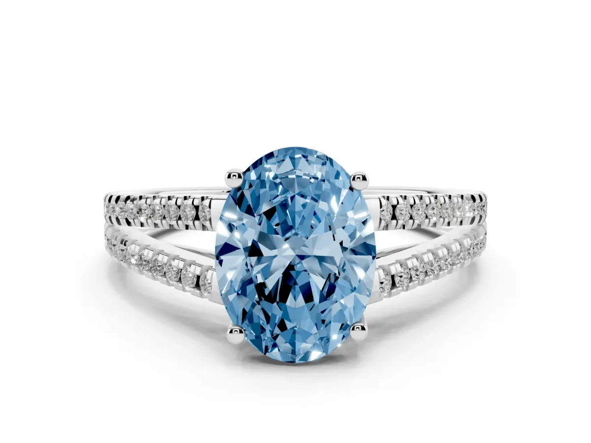 Fancy Blue Oval Cut Diamond Solitaire Engagement Ring with Split Shank Pavé Band Platinum