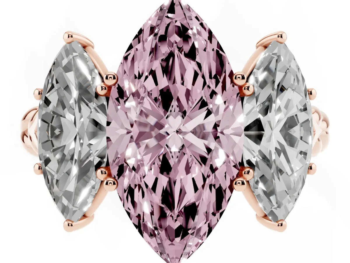 Fancy Pink Three-Stone Marquise Cut Diamond Braided Band Ring with Four-Prong Setting Rose gold