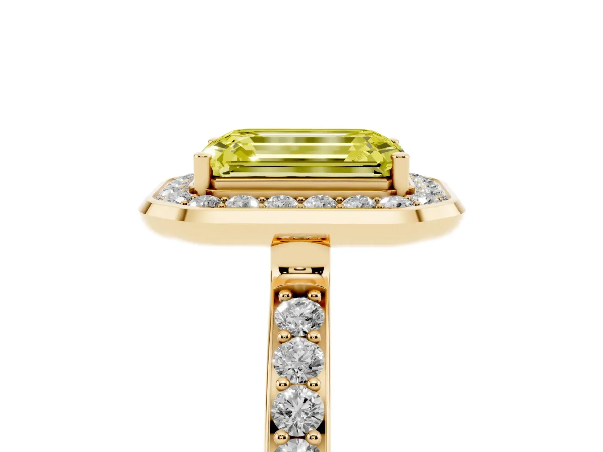 Fancy Yellow Emerald Cut Diamond Halo Ring with Bezel Frame and Pavé Band Yellow gold