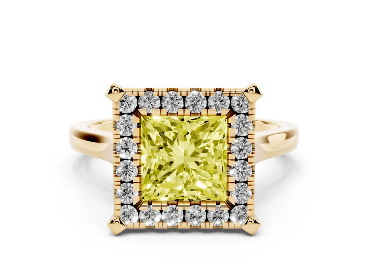 Fancy Yellow Princess Cut Diamond Cluster Halo Solitaire with Four-Prong Setting Yellow gold
