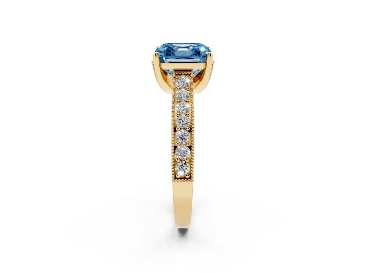 Fancy Blue Asscher Cut Cut Diamond Solitaire Ring with Milgrain Pave Band and Four Prong Setting Yellow gold