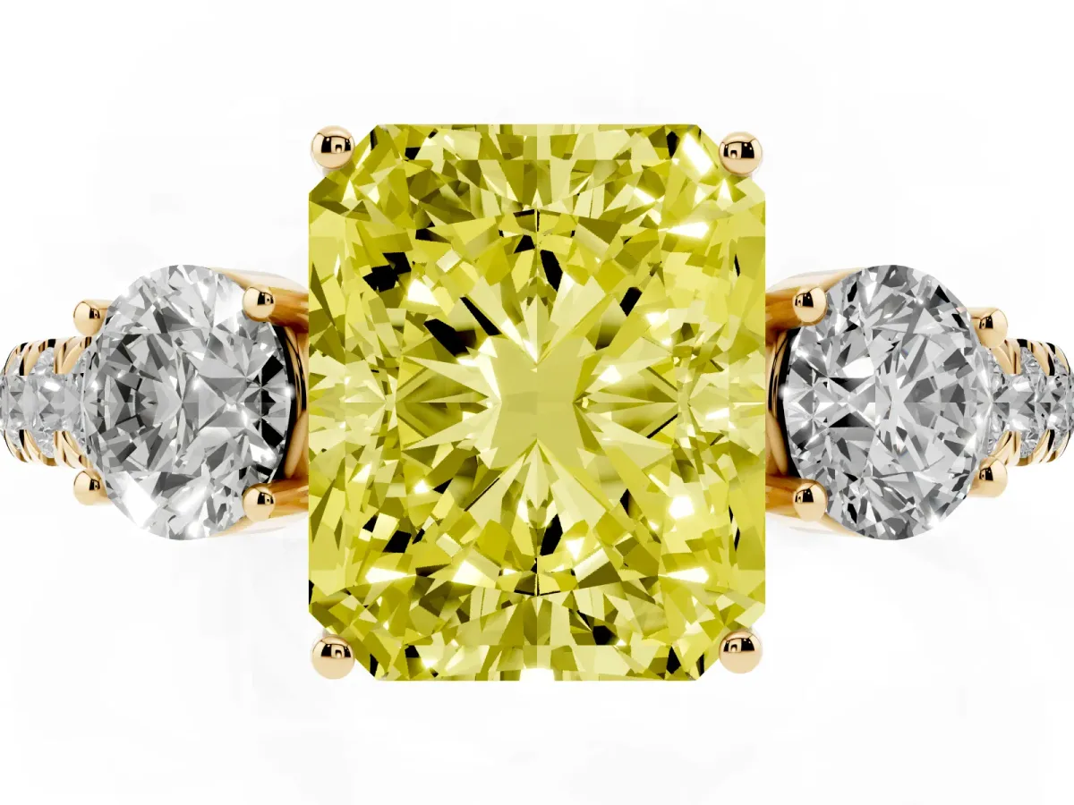 Fancy Yellow Radiant Cut Cut Diamond Three-Stone Ring with Round Side Stones and Pavé Band Yellow gold