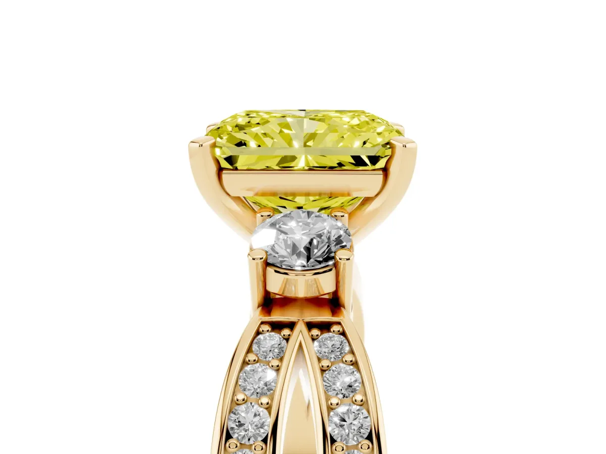 Fancy Yellow Three-Stone Radiant Cut Cut Diamond Twist Band with Prong Setting Yellow gold