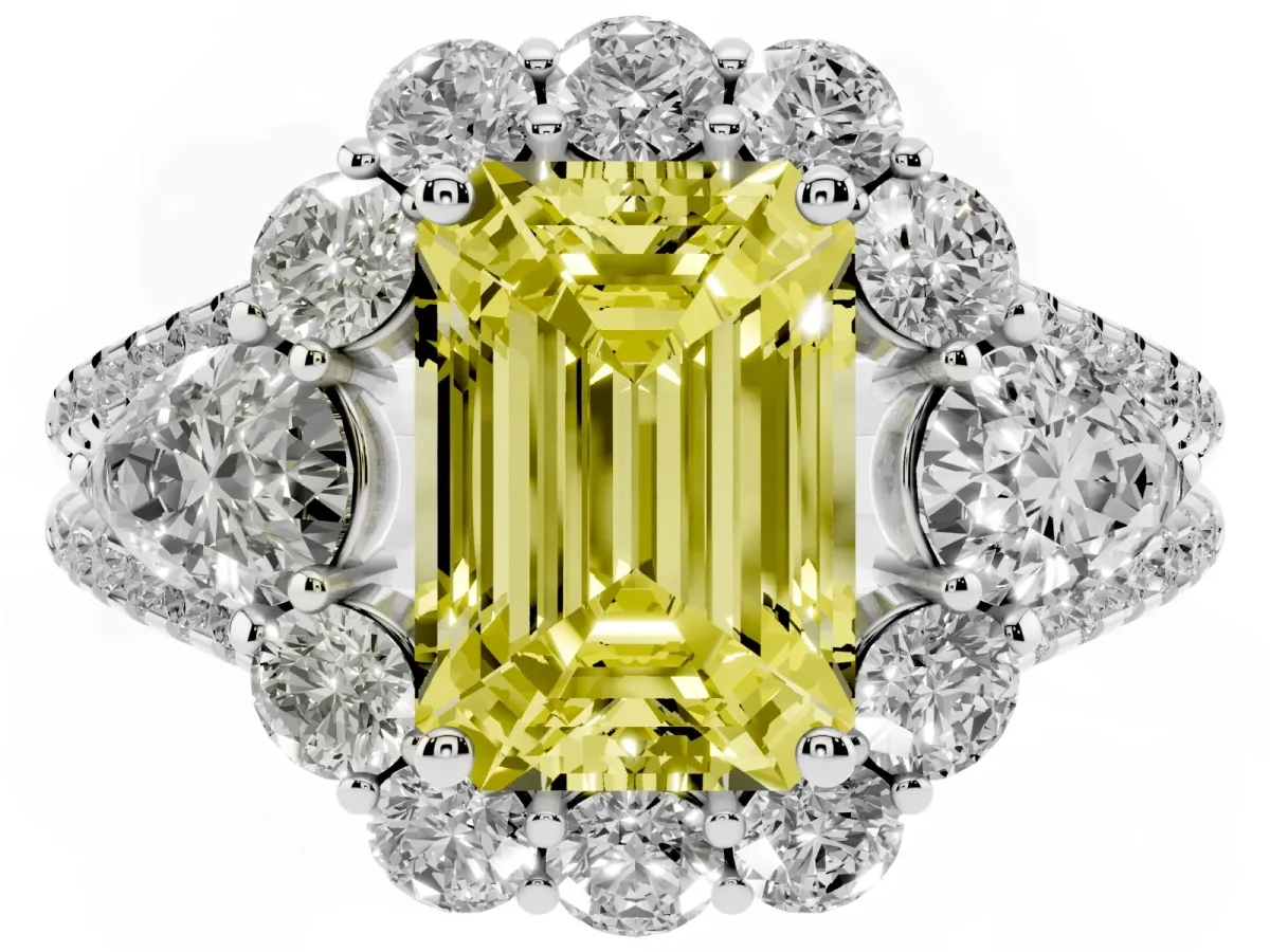 Fancy Yellow Emerald Cut Halo Split Shank Diamond Engagement Ring with Prong Setting Platinum