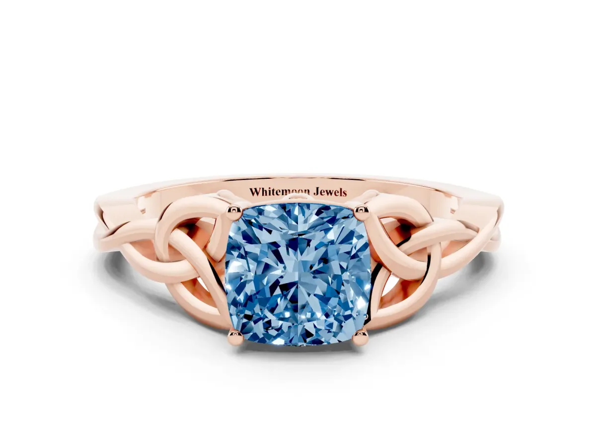 Fancy Blue Cushion Cut Diamond Solitaire Engagement Ring with Celtic Knot Band and Four-Prong Setting Rose gold