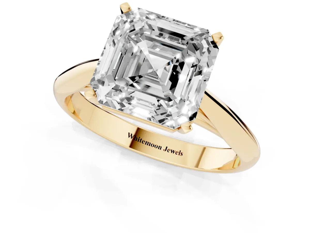 Asscher Cut Diamond Solitaire Engagement Ring with Cathedral Setting and Four-Prong Mount Yellow gold