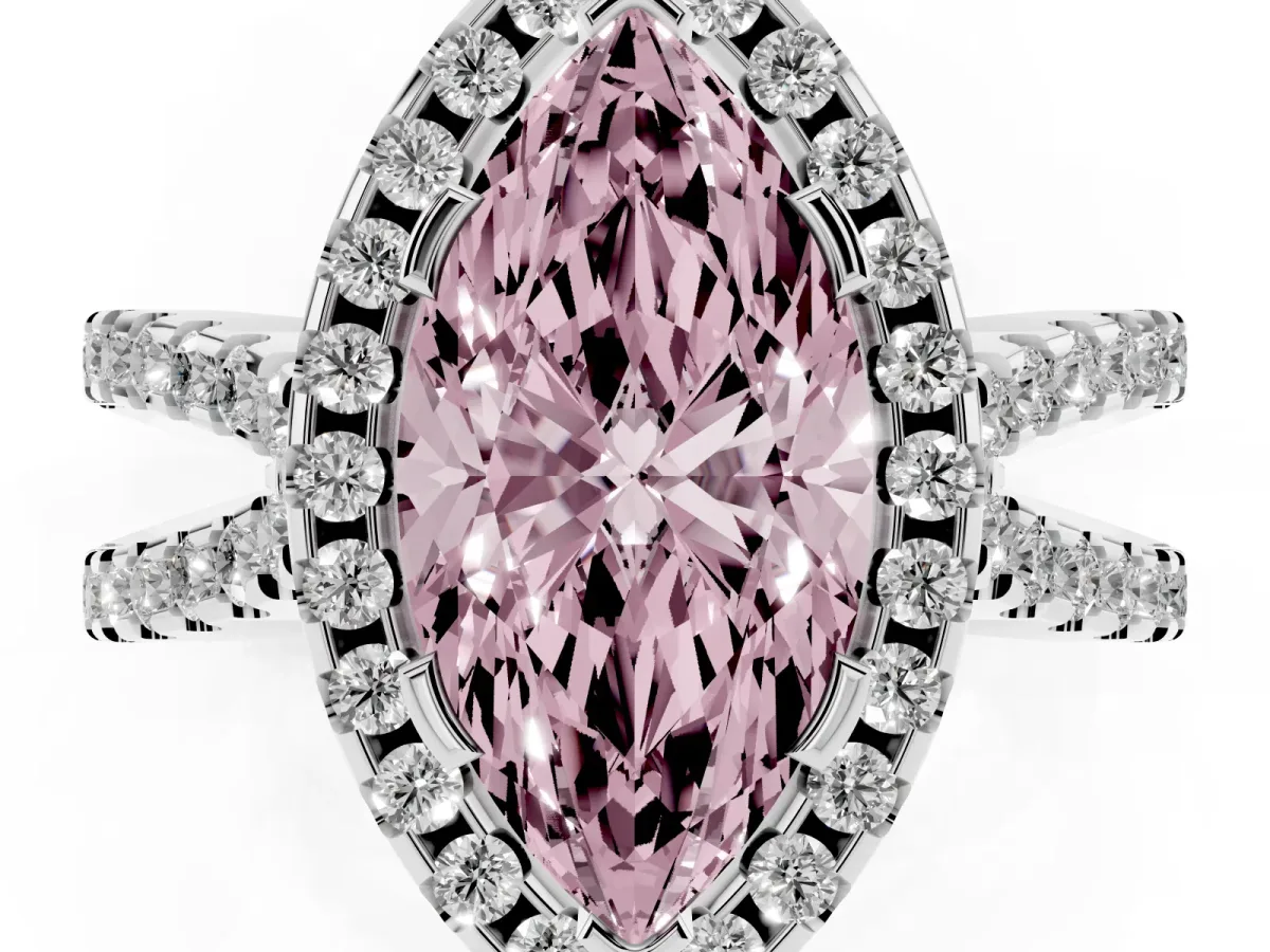 Fancy Pink Marquise Cut Diamond Halo Ring with Split Shank Pavé Band and Prong Setting Silver